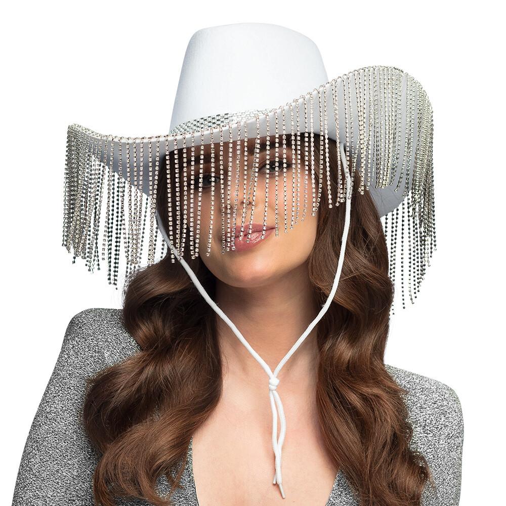Swiftie Cowboyhatt Showgirl Glam med Strings - Whi