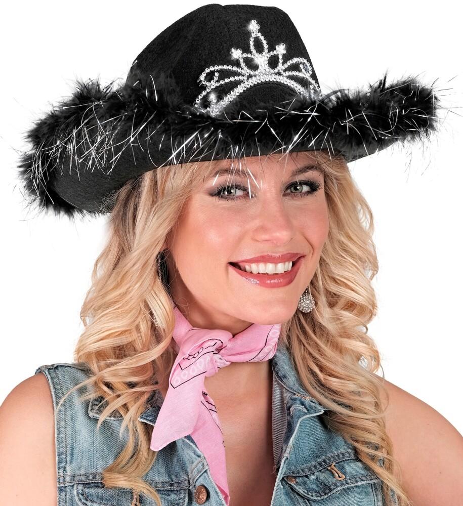 Cowboyhatt Svart med Tiara og Pelskant