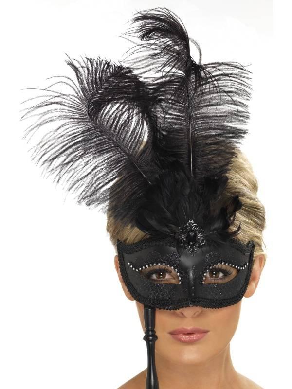 Maskerademaske på stang med fjær Delux Svart