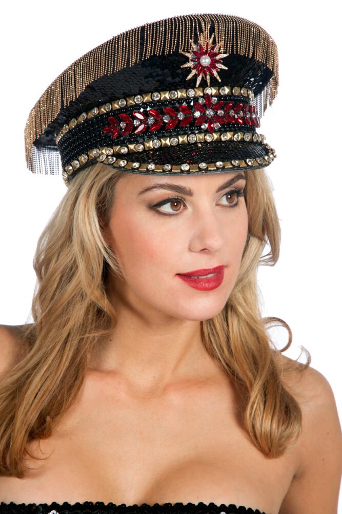 Burning Man Cap Svart/Rød med Rhinestones og Fryns
