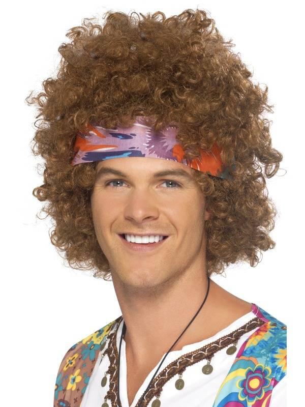 Afro Hippie Parykk Brun med Pannebånd Deluxe