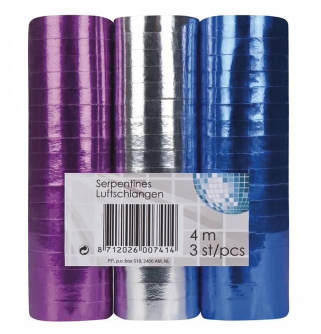 Serpentiner Blå, Lilla, Sølv 3 pk