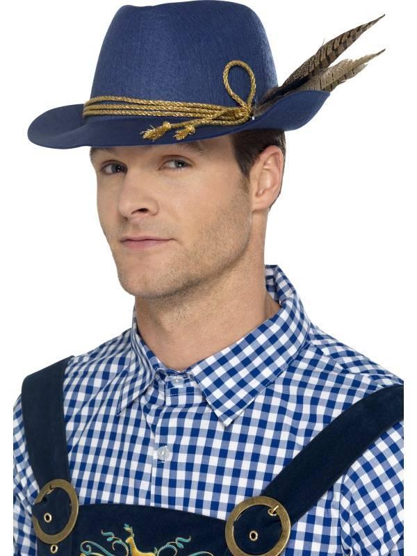 Authentic Bavarian Oktoberfest Hatt Blå med Fjær