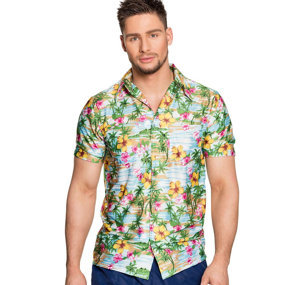 Hawaiiskjorte - Hibiscusblomster og Palmer - Grønn