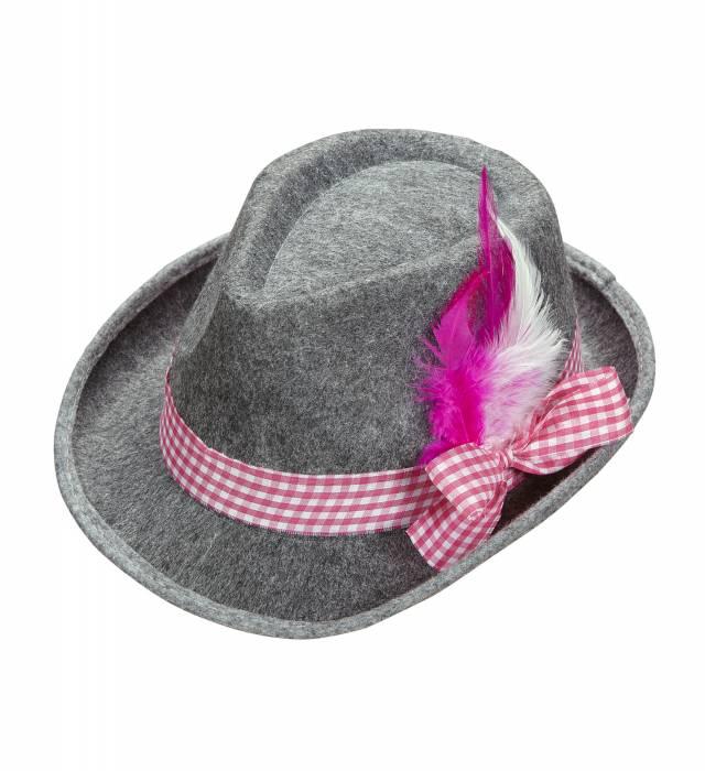 Grå Oktoberfest Fedora med Rosa Bånd og Fjær