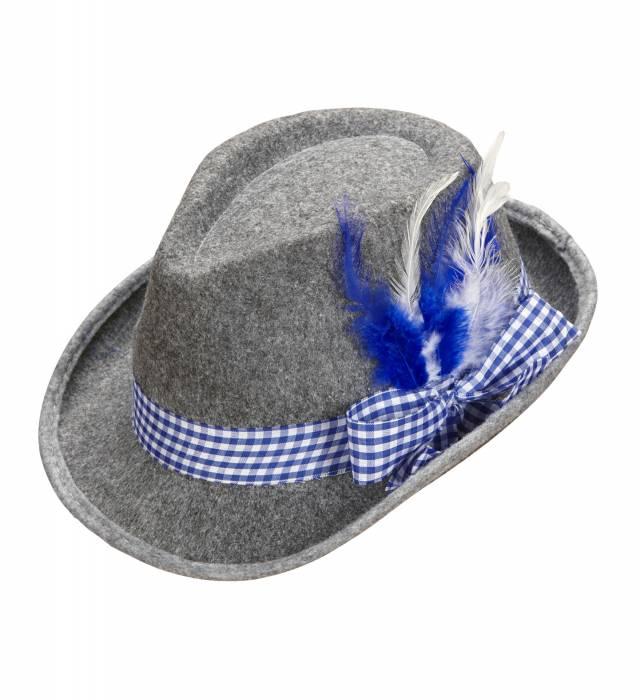 Grå Oktoberfest Fedora med Blå Bånd og Fjær