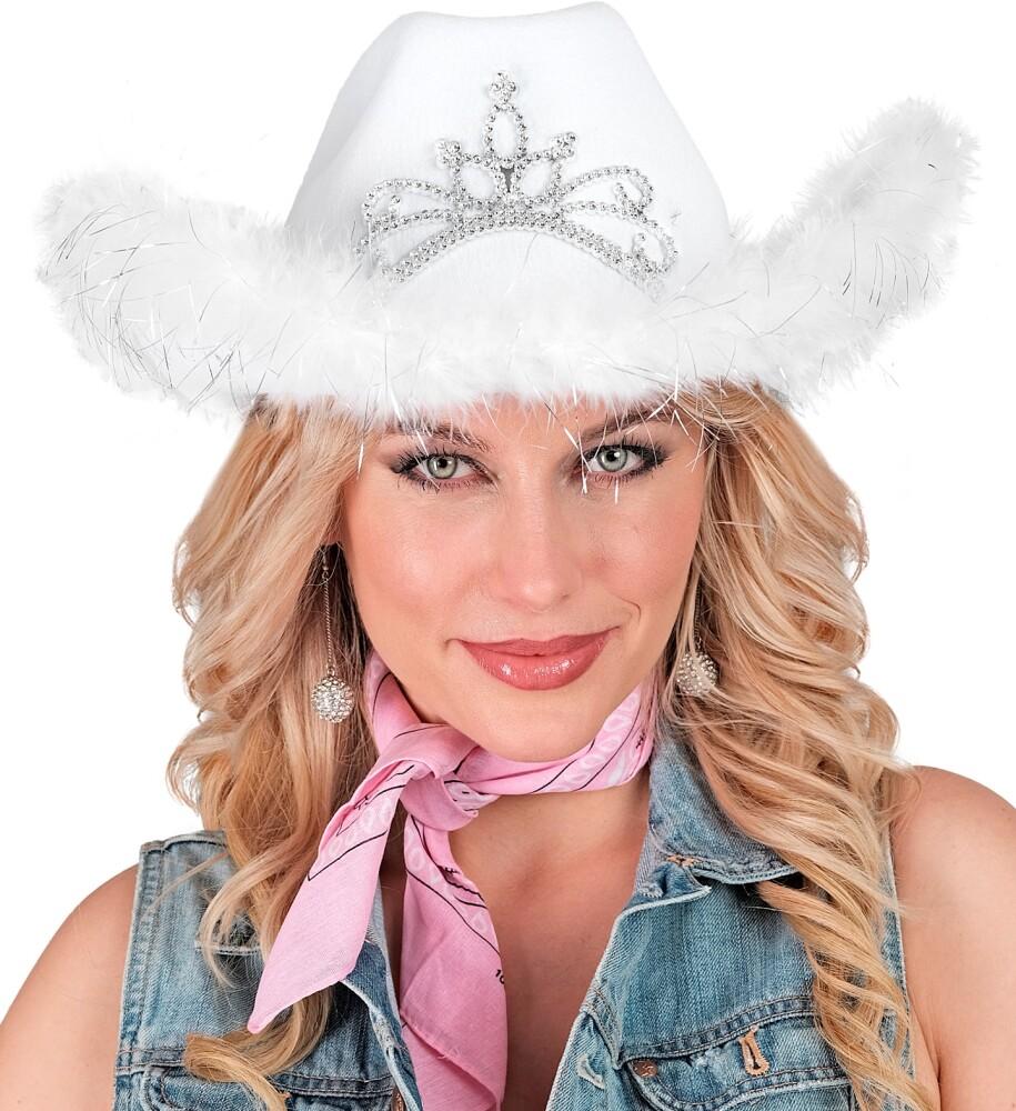 Cowboyhatt Hvit med Tiara og Pelskant