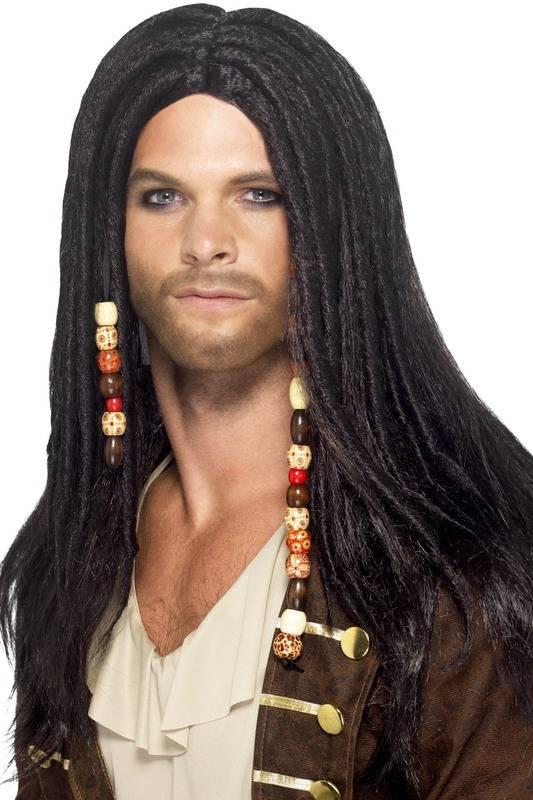 Pirat Parykk Herre svart med dreads & perler Delux