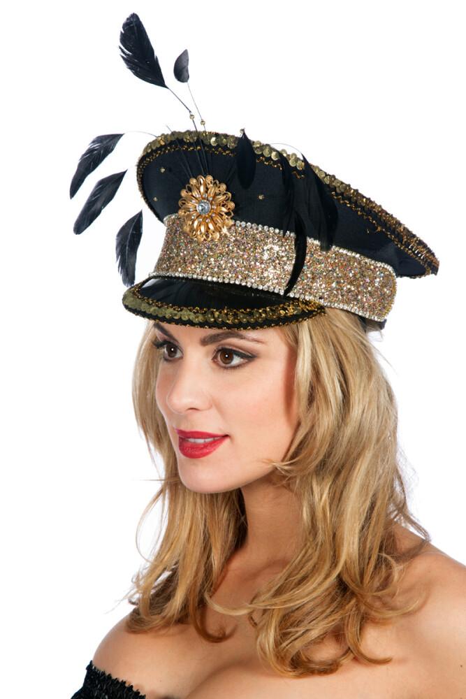 Burning Man Cap Svart & Gull - Rhinestones & Fjær
