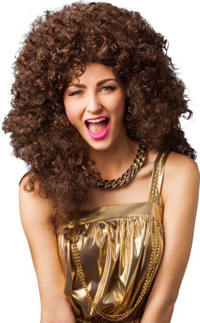 80`s Brown Curly Ladies Wig Deluxe