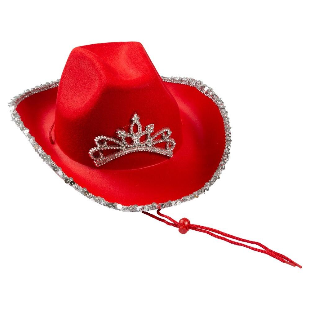 Cowboyhatt Rød med Glitter og Tiara Voksen