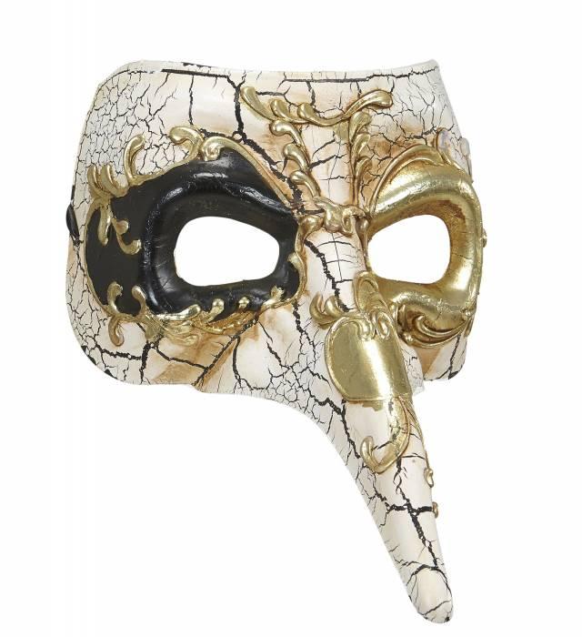 Maskerademaske Long Nose Lys/Svart/Gull