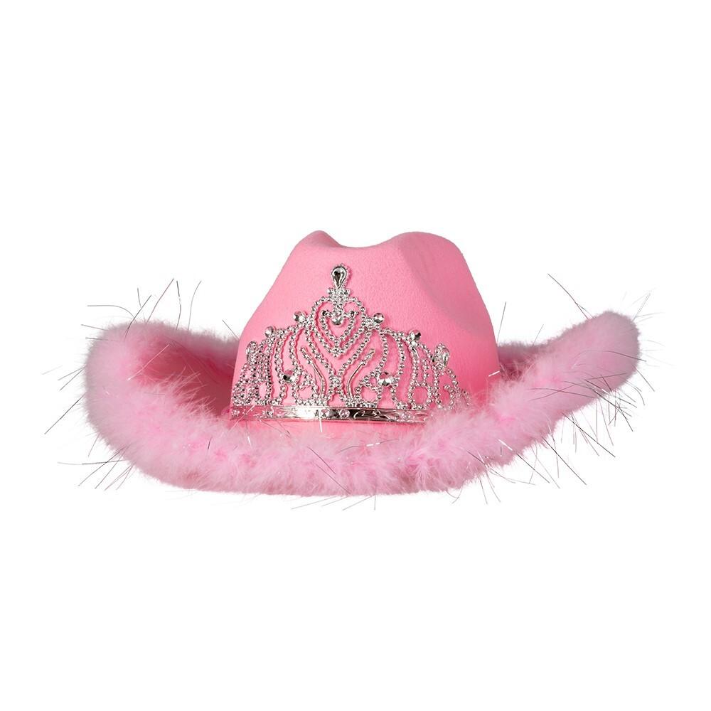Cowboyhatt Rosa med Krone og Fjær